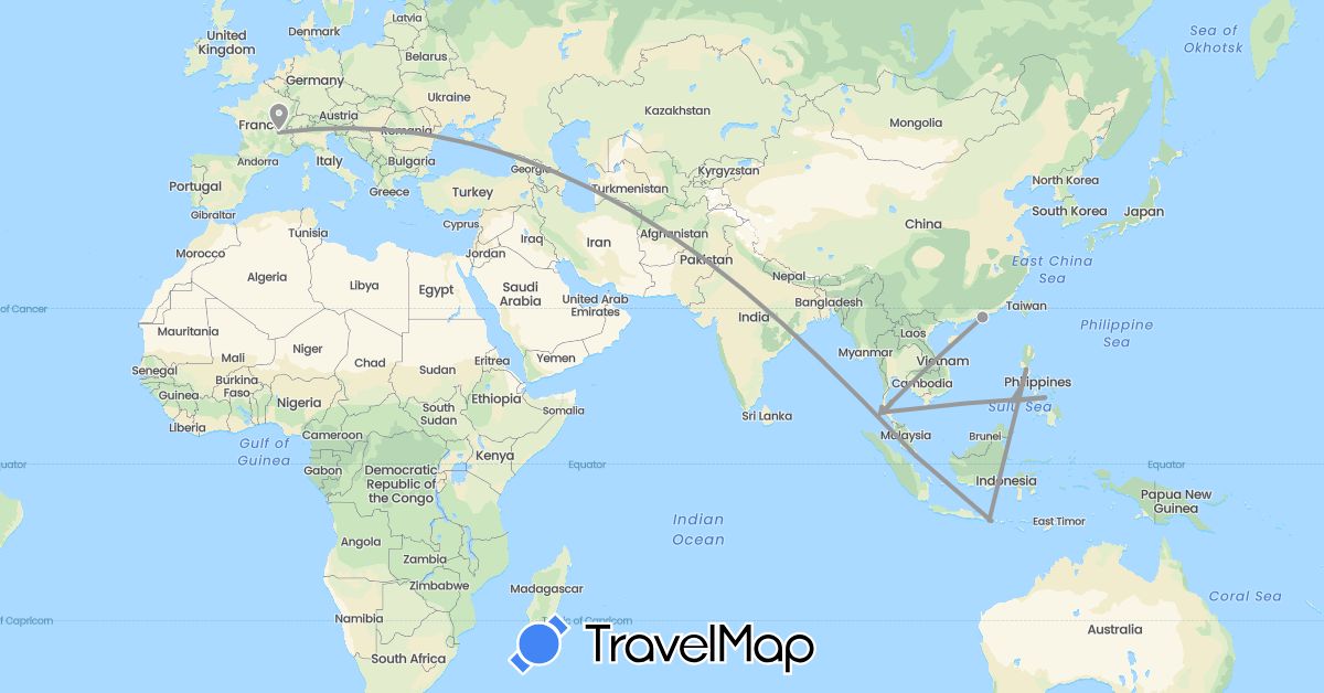 TravelMap itinerary: driving, plane in France, Hong Kong, Indonesia, Philippines, Singapore, Thailand (Asia, Europe)